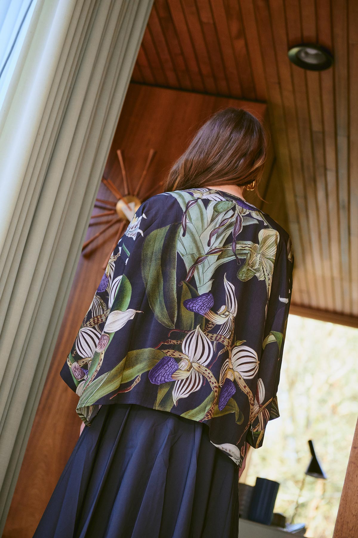 Back view of orchid black print kimono by One Hundred Stars – available at Urban Wild