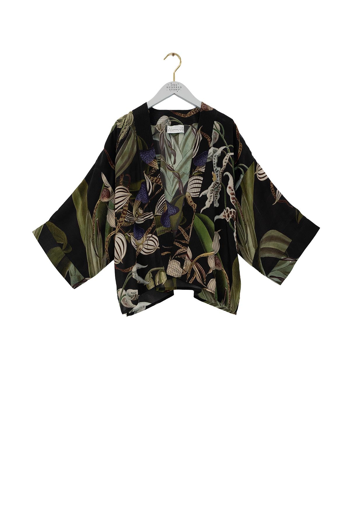 Close-up detail of orchid black print kimono by One Hundred Stars – available at Urban Wild