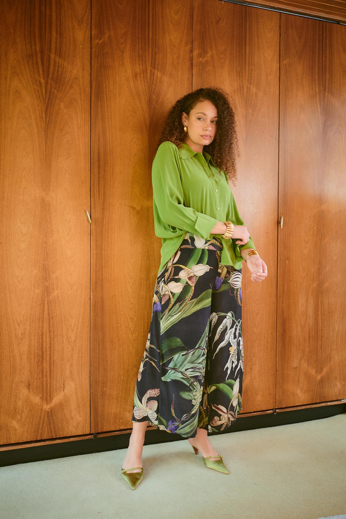 Model wearing orchid black print palazzo pants by One Hundred Stars – available at Urban Wild