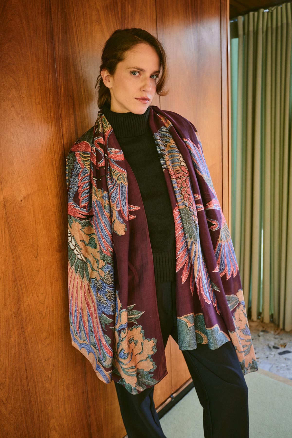 Model wearing crane print scarf by One Hundred Stars – available at Urban Wild