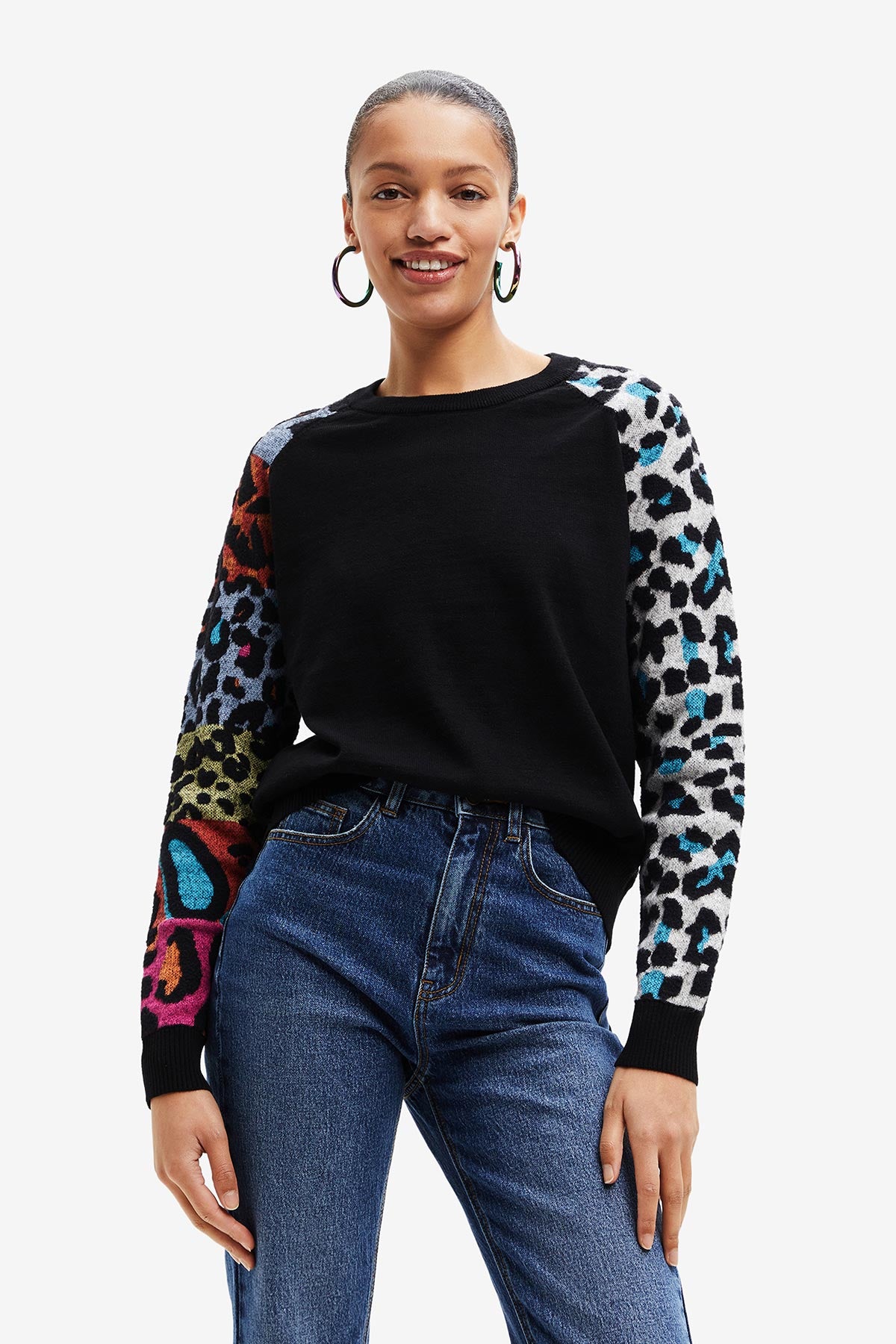 Animal Print Sleeves Jumper In Black