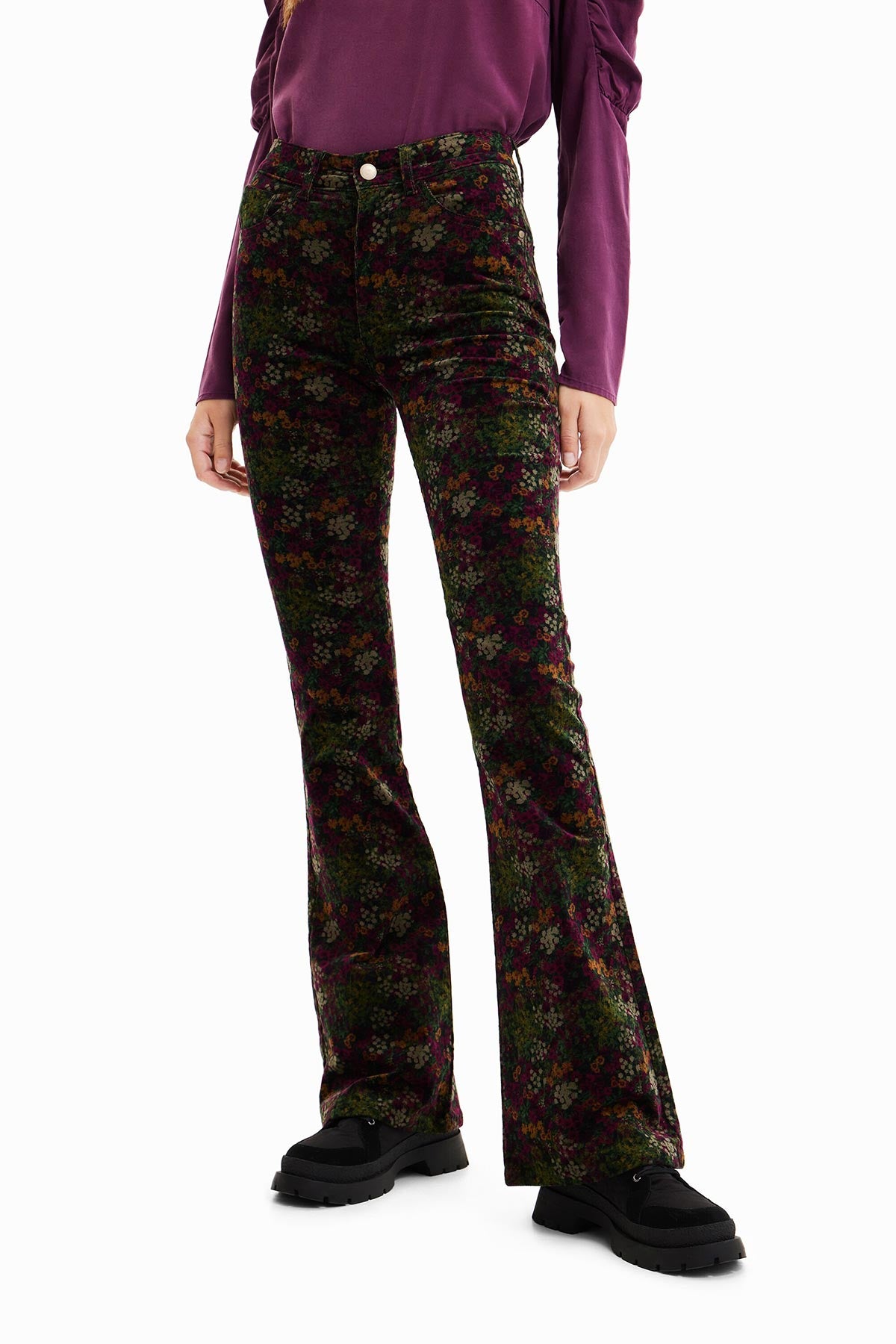 Desigual Floral Print Corduroy Trousers In Khaki