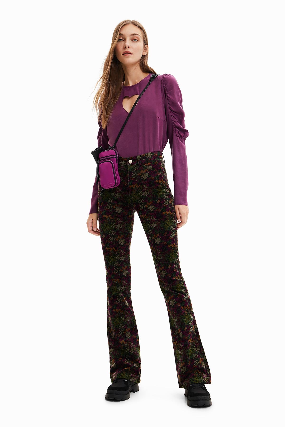 Desigual Floral Print Corduroy Trousers In Khaki