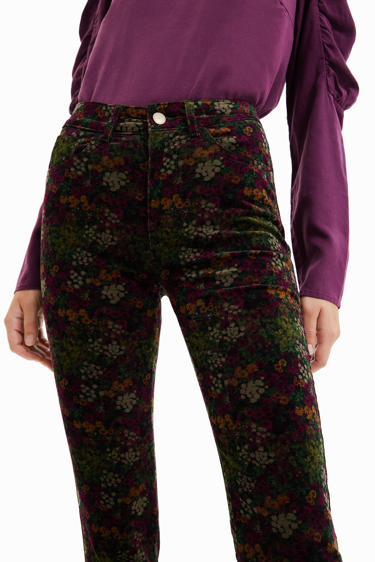 Desigual Floral Print Corduroy Trousers In Khaki