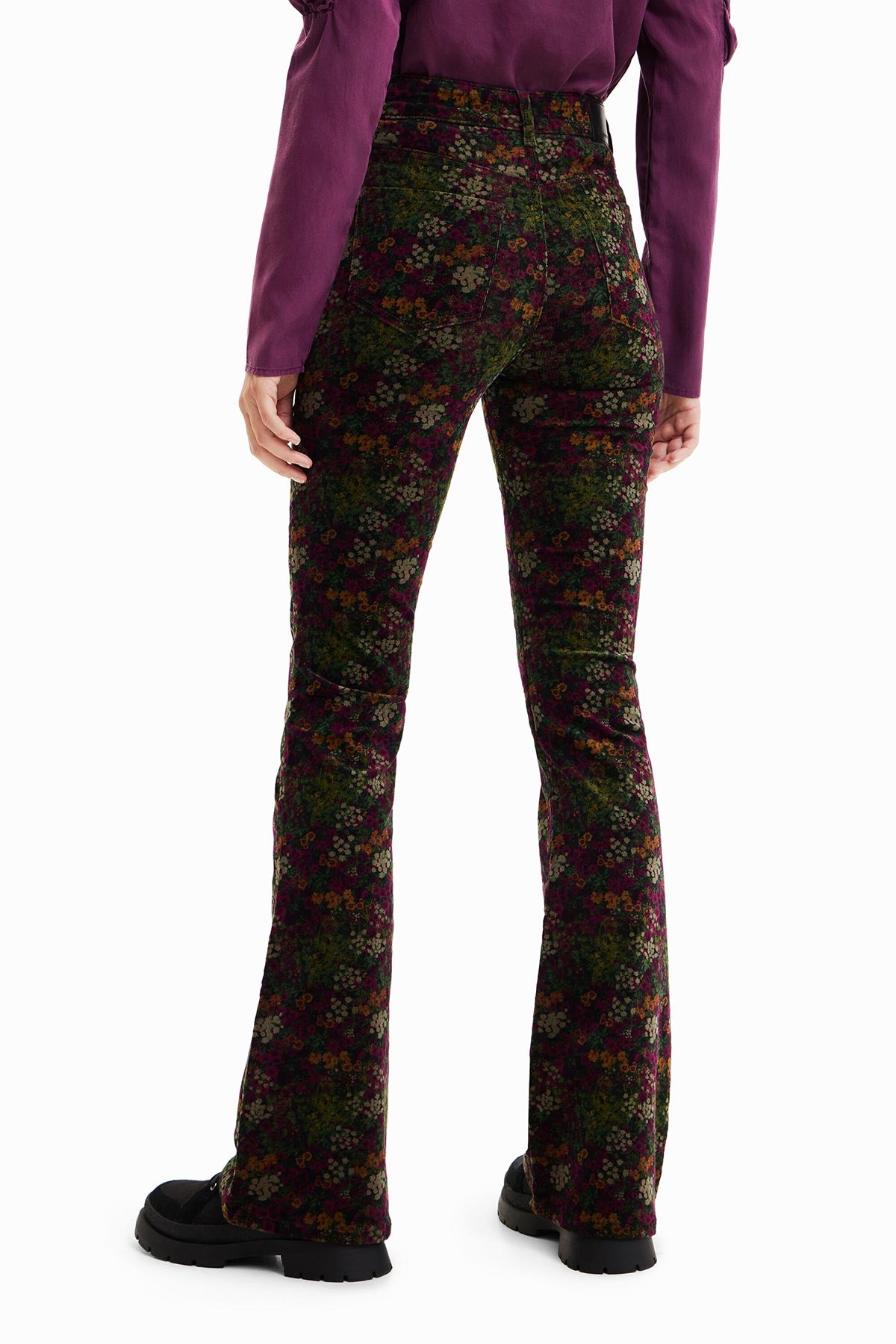 Desigual Floral Print Corduroy Trousers In Khaki