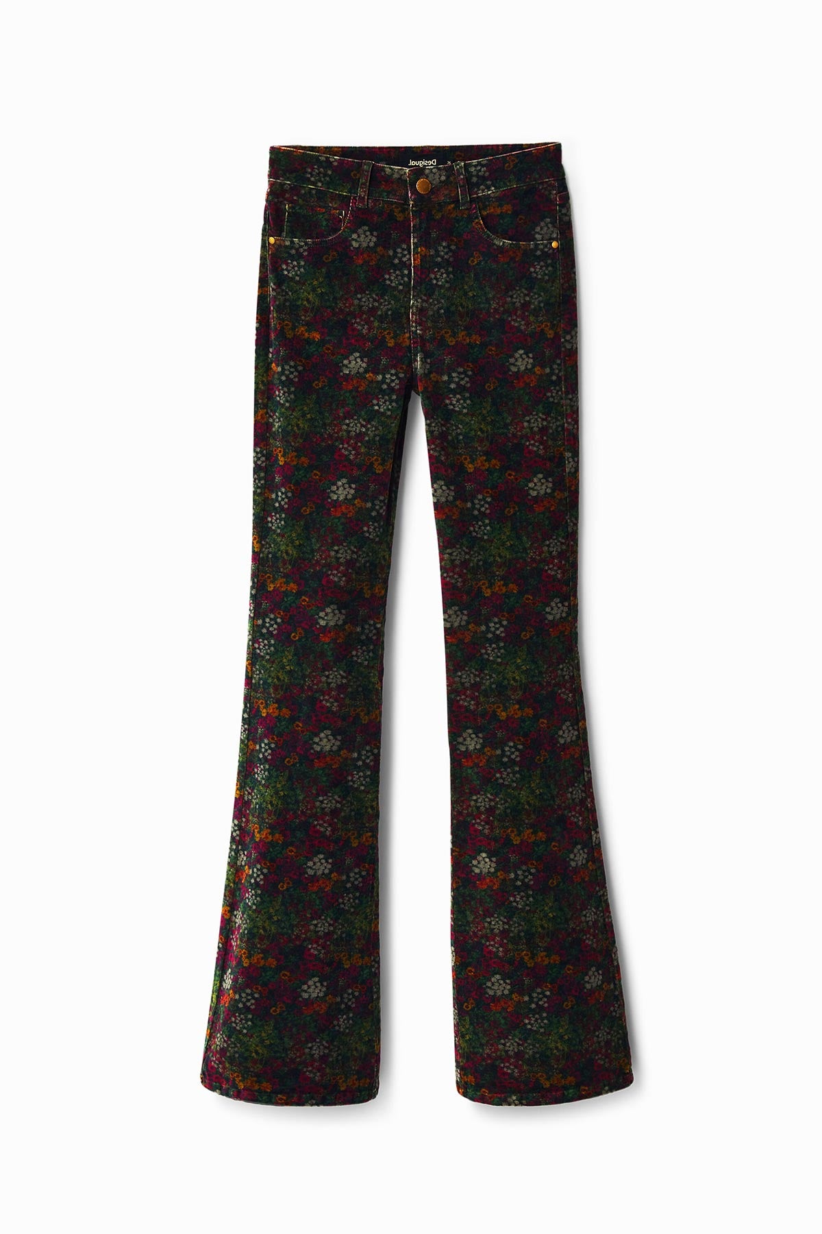 Desigual Floral Print Corduroy Trousers In Khaki