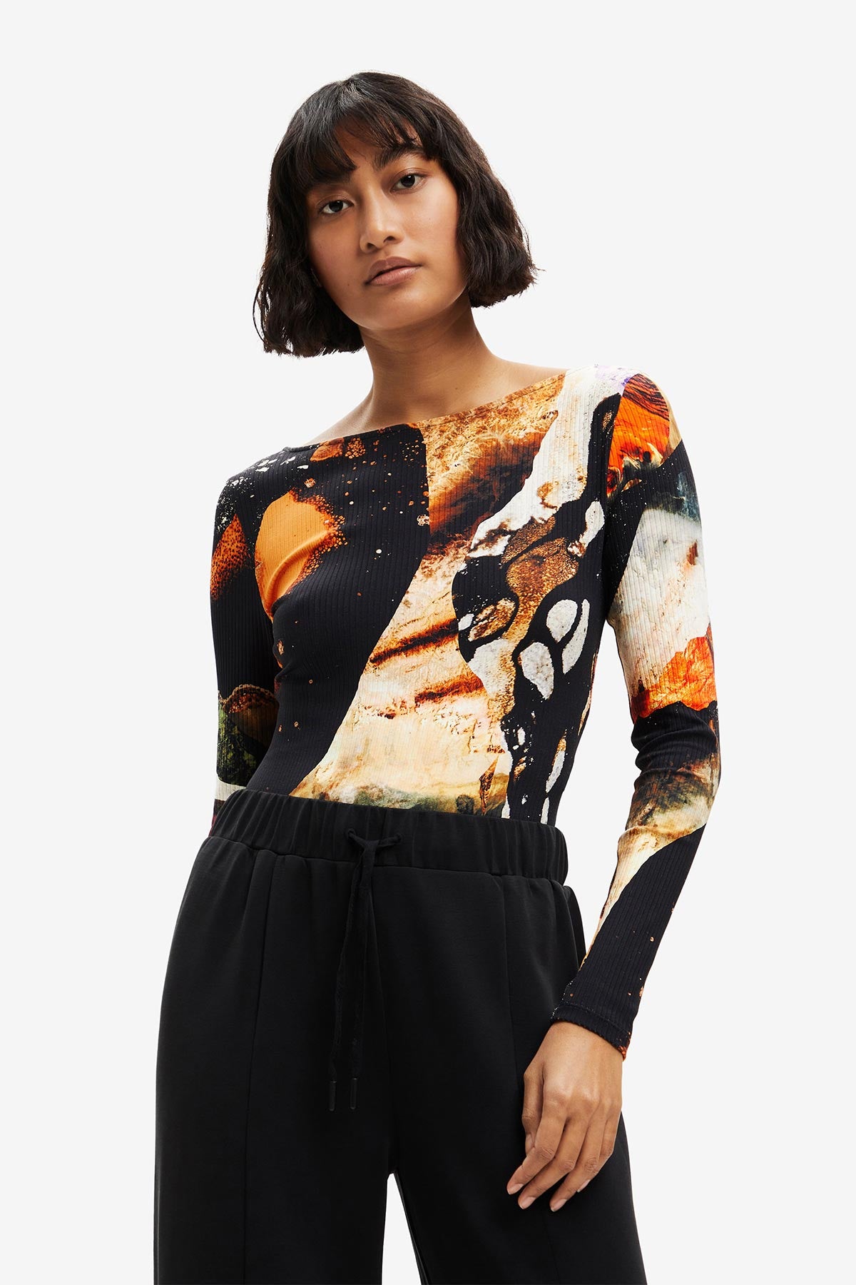 Desigual Digital Print Slim Bodysuit In Black