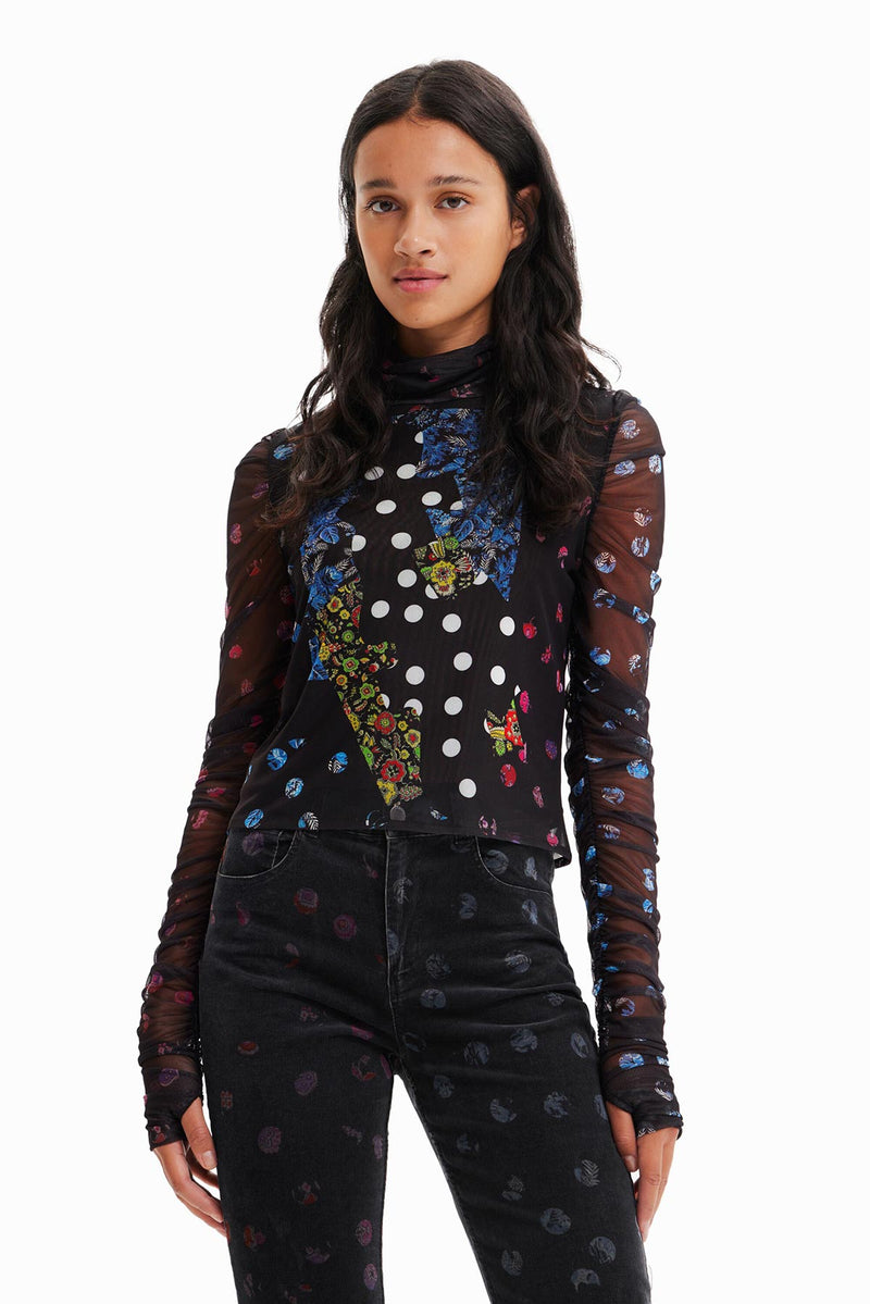 Desigual Tulle Patchwork T-shirt With Polka Dots And Flowers In Black