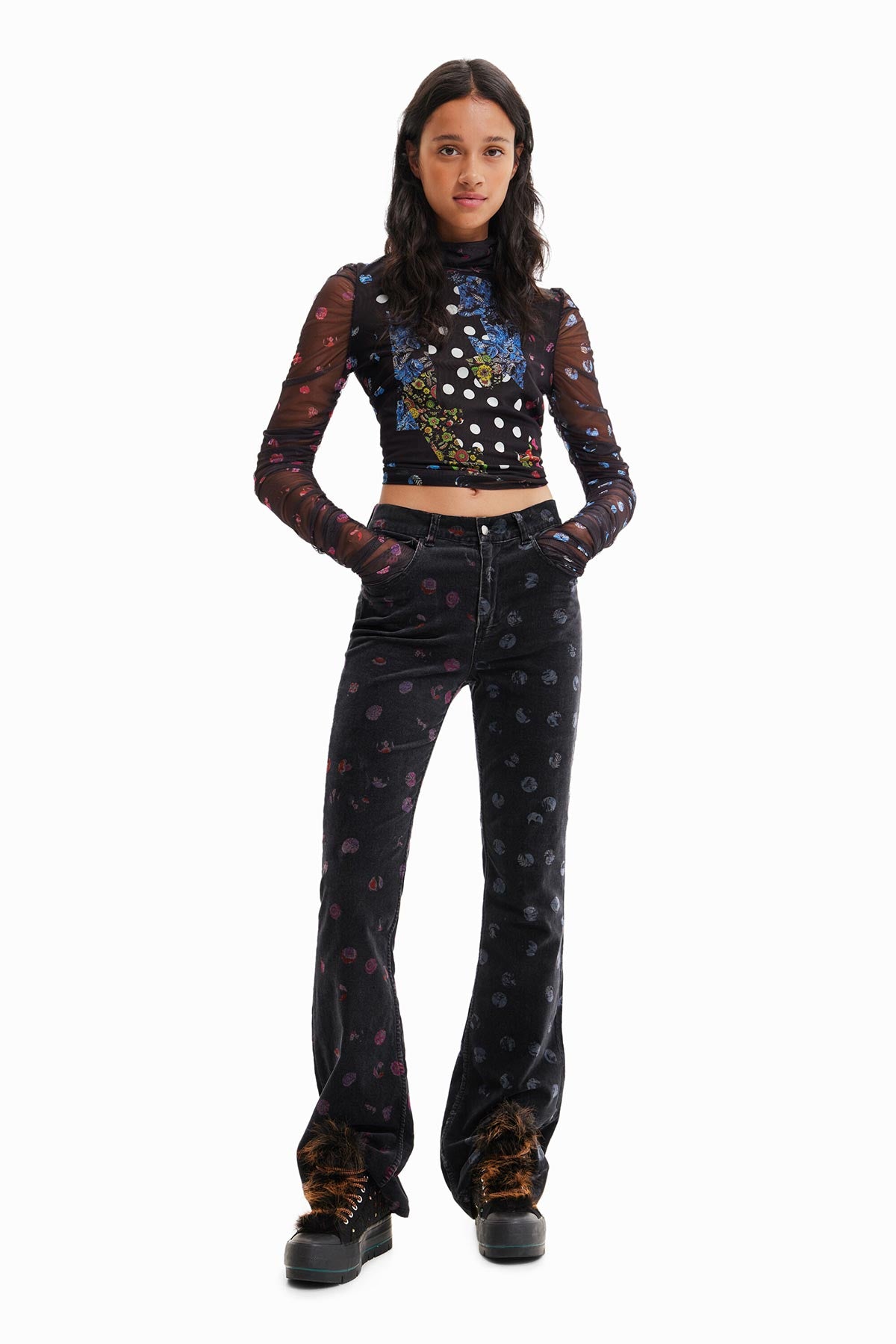 Desigual Tulle Patchwork T-shirt With Polka Dots And Flowers In Black