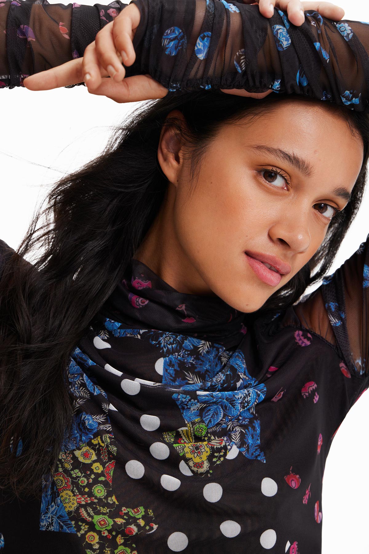 Desigual Tulle Patchwork T-shirt With Polka Dots And Flowers In Black