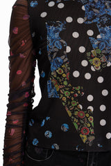 Desigual Tulle Patchwork T-shirt With Polka Dots And Flowers In Black