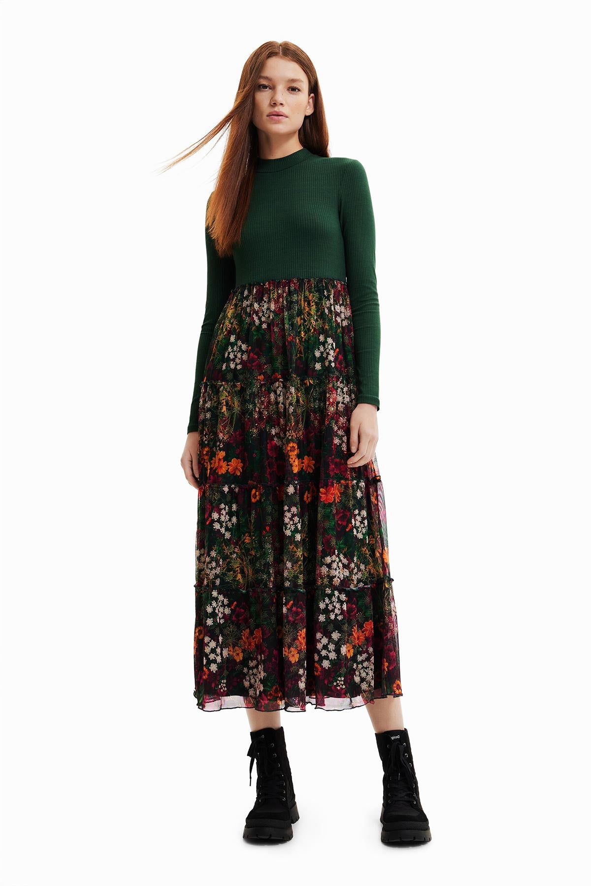 Desigual Long Dress With Tulle Skirt In Green