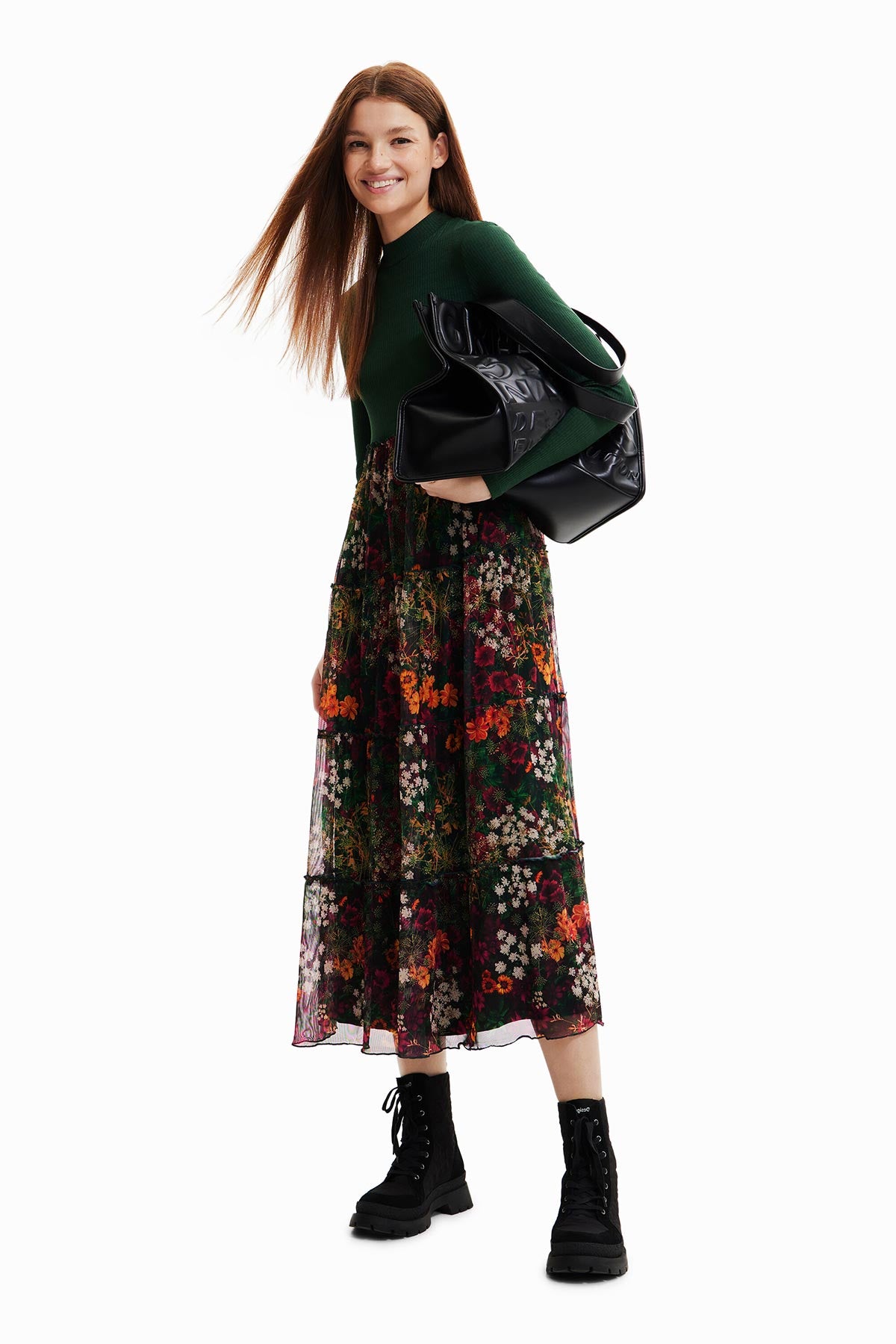 Desigual Long Dress With Tulle Skirt In Green