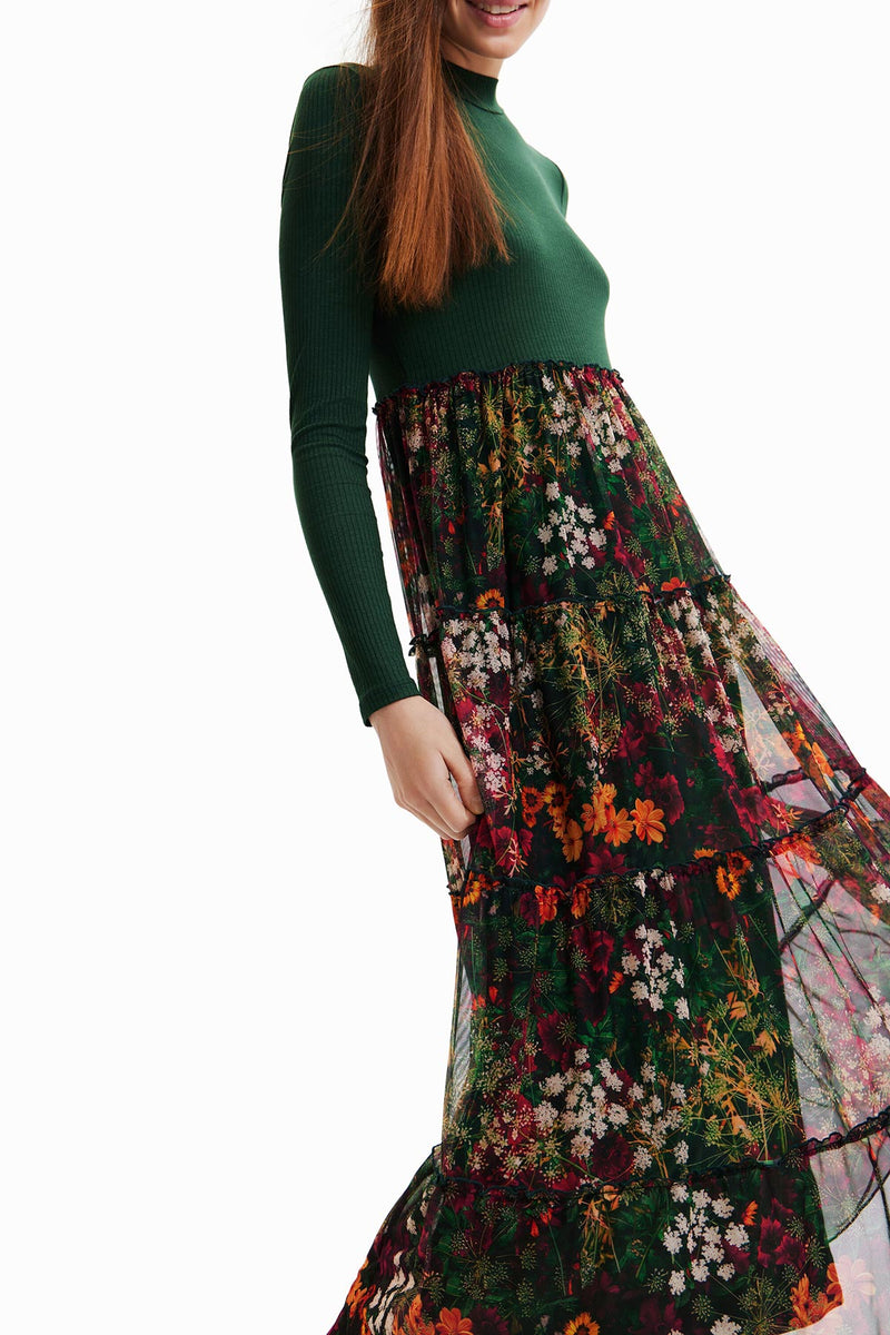 Desigual Long Dress With Tulle Skirt In Green
