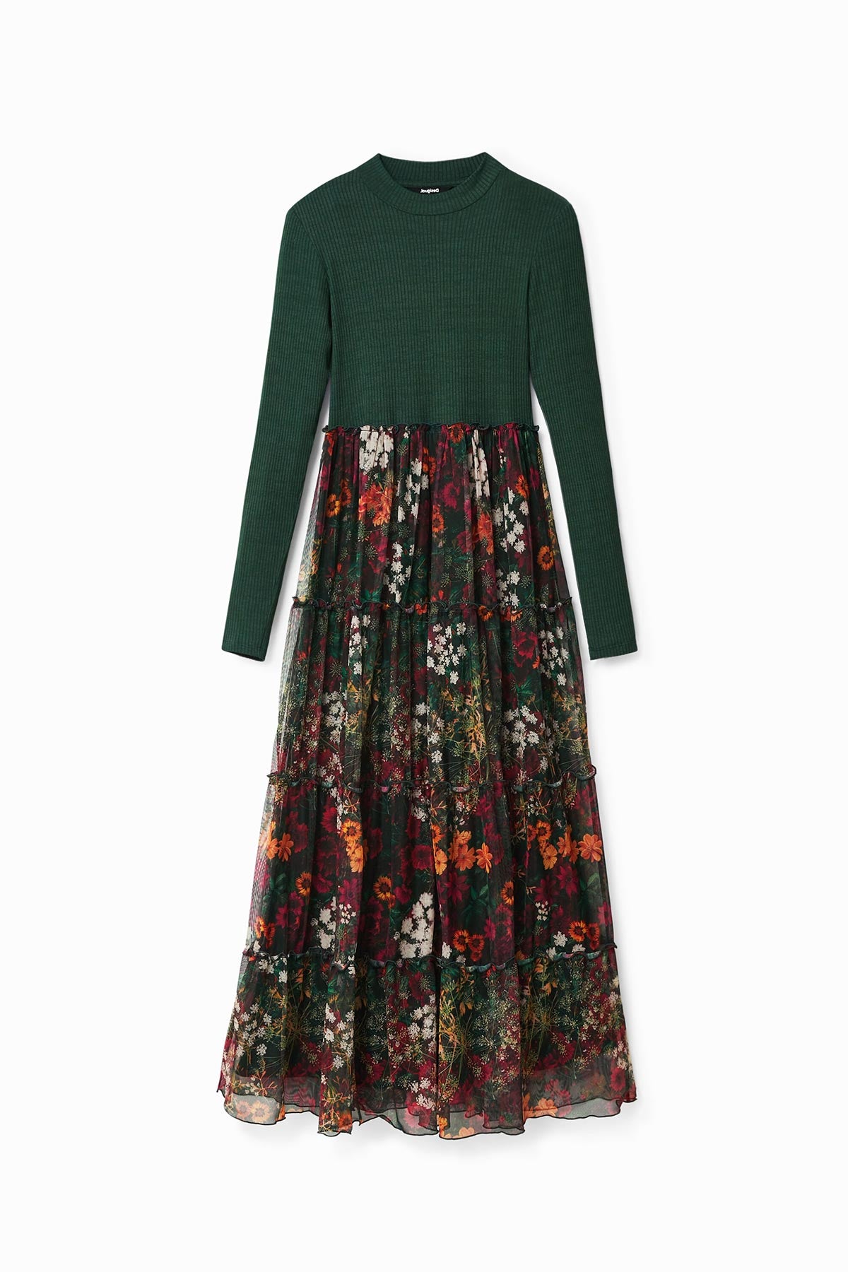 Desigual Long Dress With Tulle Skirt In Green