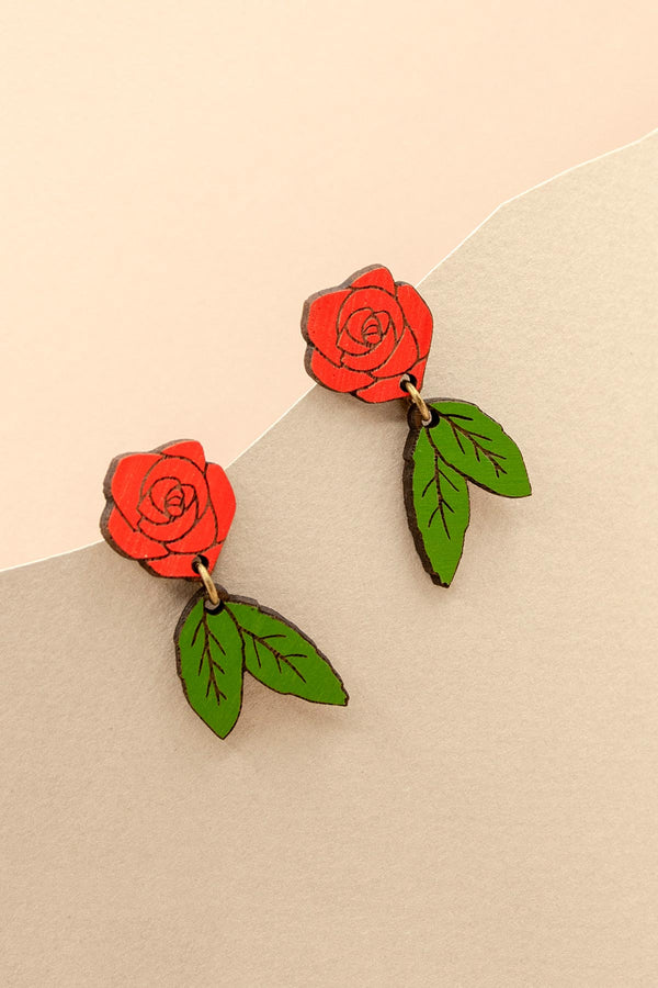 Materia Rica Red Rose Stud Wooden Earrings