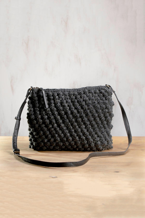 Dark Grey Huri Knit Wool Crochet Bobble Cross Body Handbag