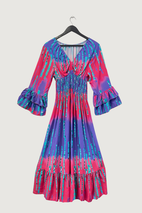 Mia Strada Tie Dye Shirred Waist Dress In Pink + Purple