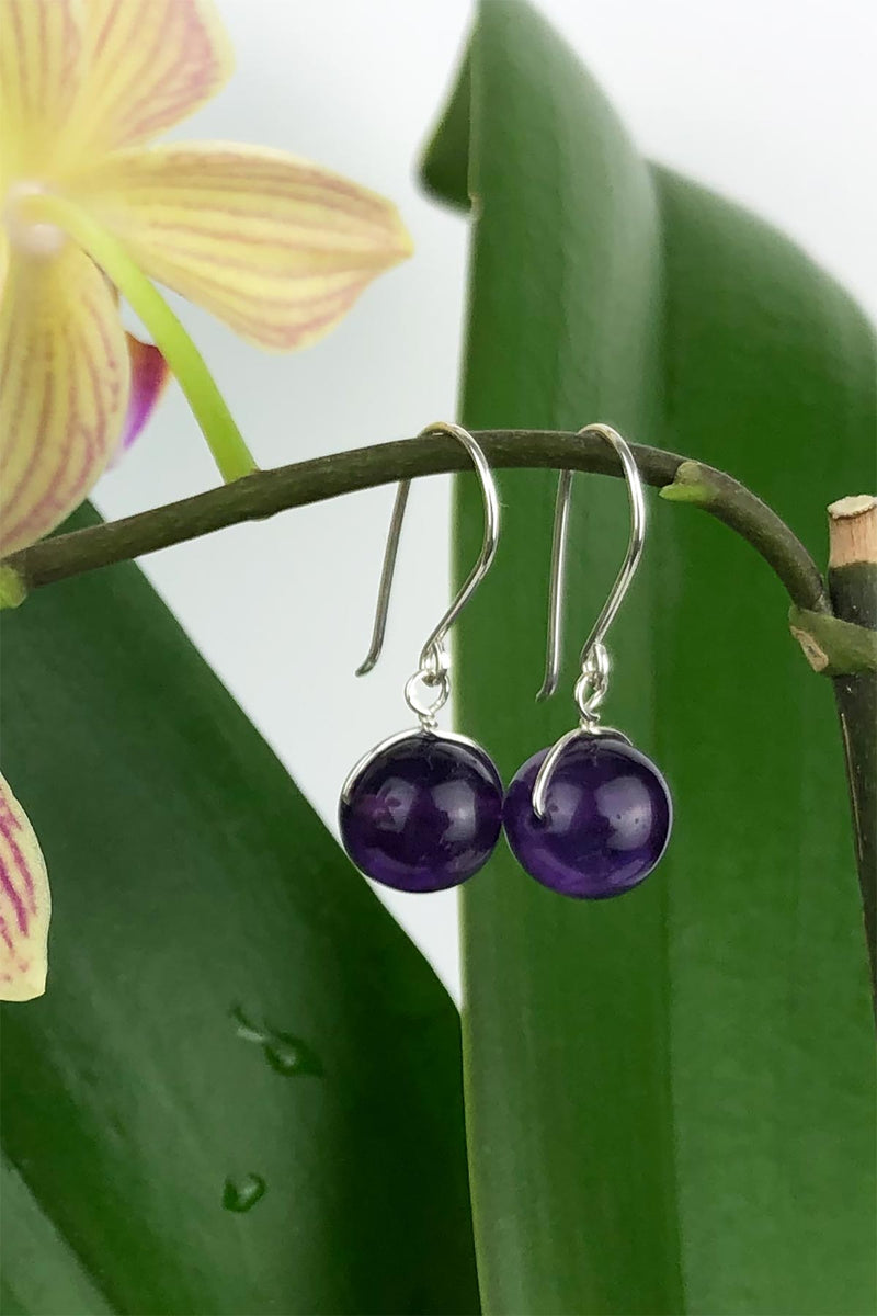 Amethyst Natural Gemstone Handmade Drop Hook Sterling Silver Earrings-