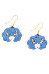 Blue Zodiac Aries Drop Hook Wooden Earrings Materia Rica