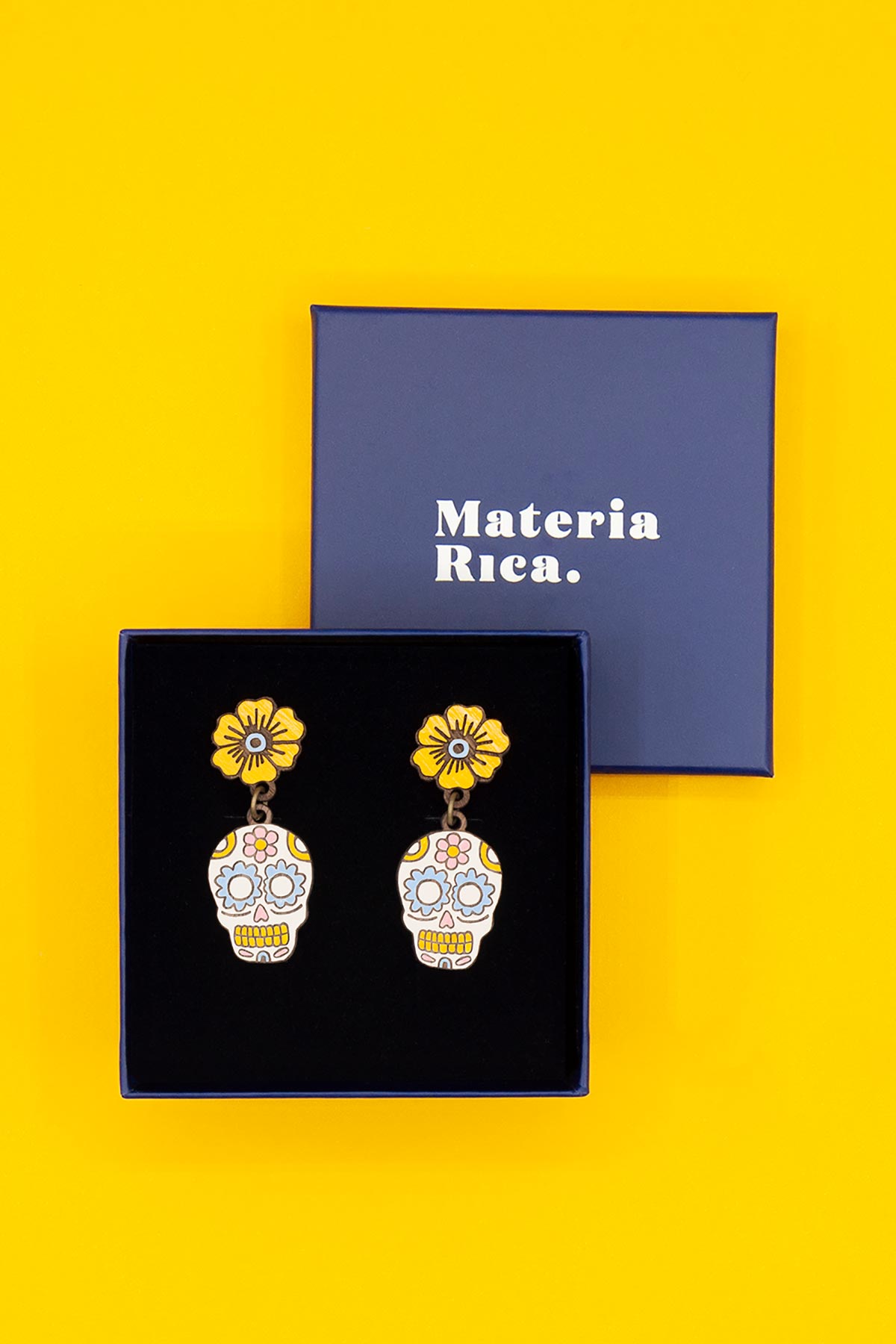 Materia Rica Blooming skull Stud Wooden Earrings