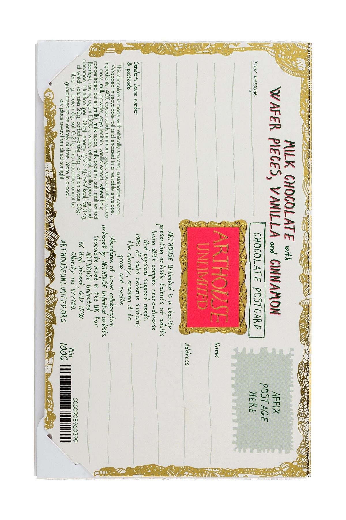 Arthouse Unlimited Abundance Of Love Postcard | Milk Chocolate With Wafer Pieces, Vanilla And Cinnamon
