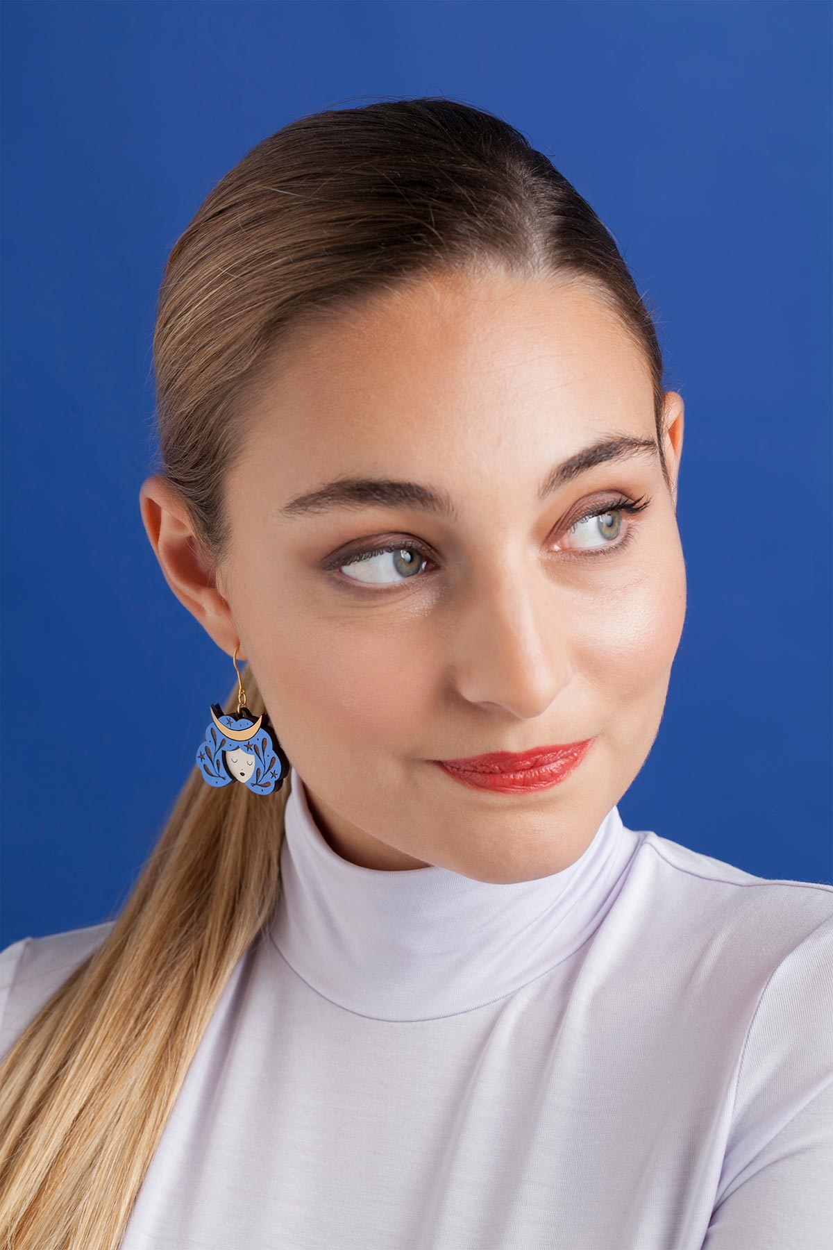 Blue Zodiac Capricorn Drop Hook Wooden Earrings Materia Rica