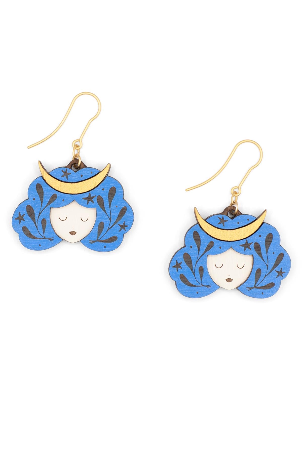 Blue Zodiac Capricorn Drop Hook Wooden Earrings Materia Rica