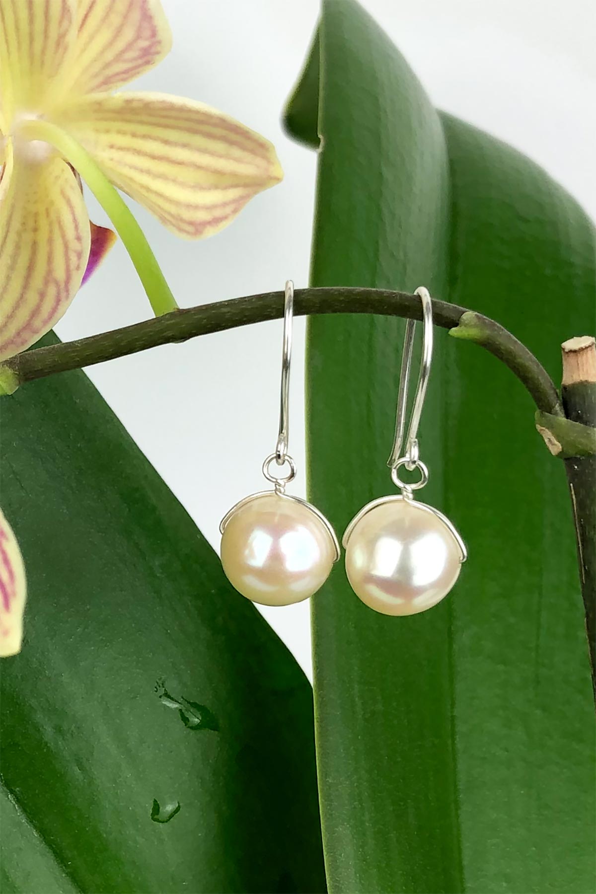 Cream Natural Pearl Drop Hook Handmade Sterling Silver Earrings, June