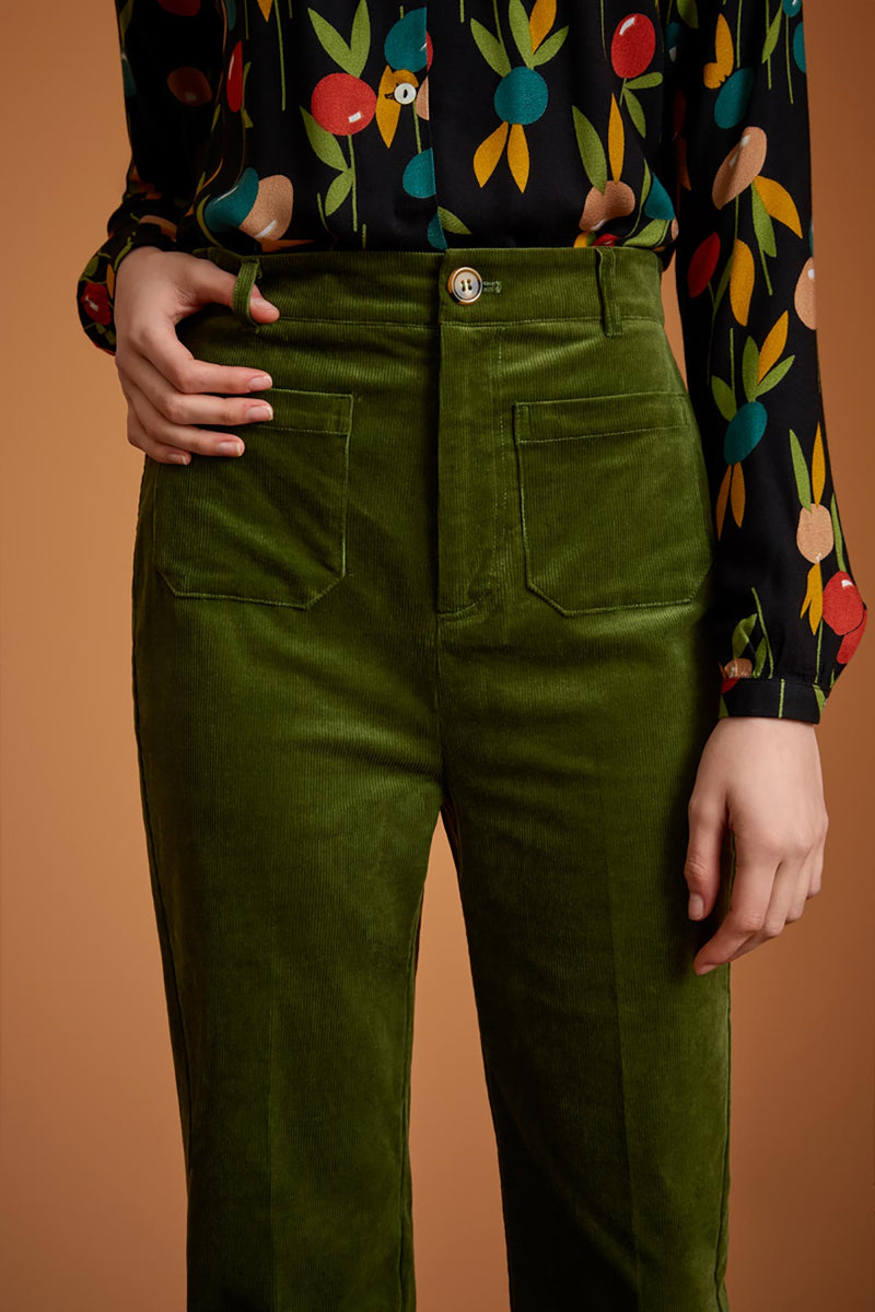 Wide Leg Corduroy Trousers with Pockets King Louie | Olive Green