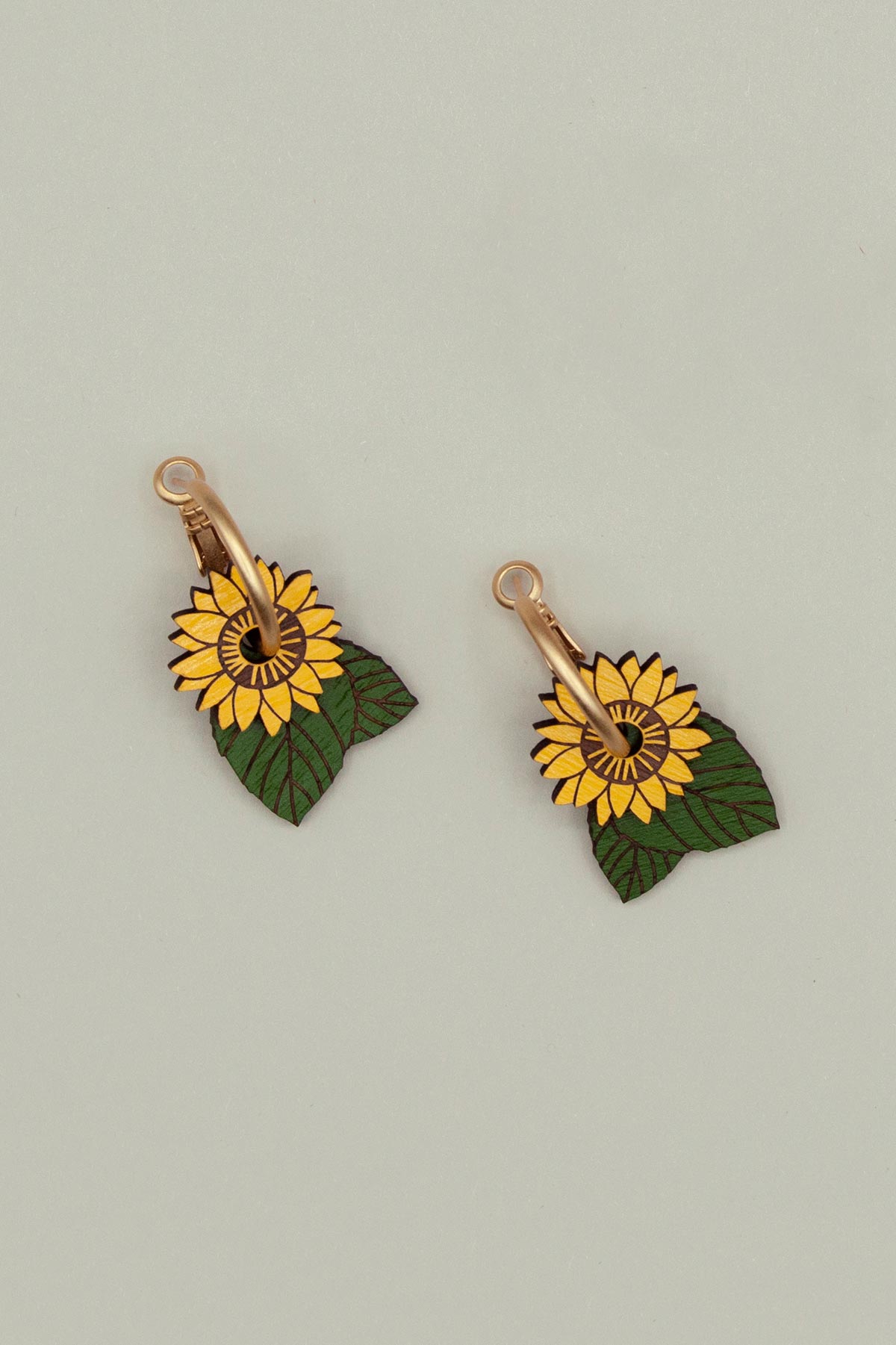 Materia Rica Drop Hoop Wooden Earrings Hand-Painted Sunflower Field