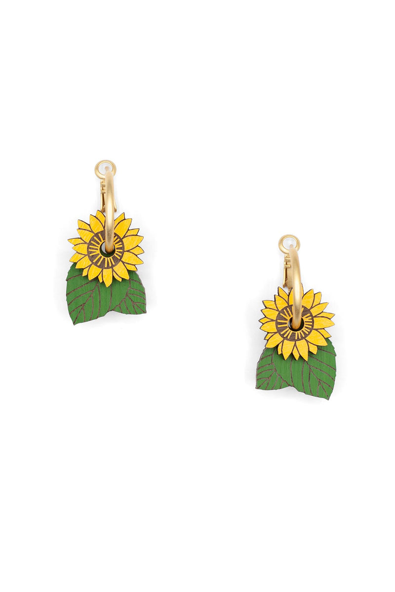Materia Rica Drop Hoop Wooden Earrings Hand-Painted Sunflower Field