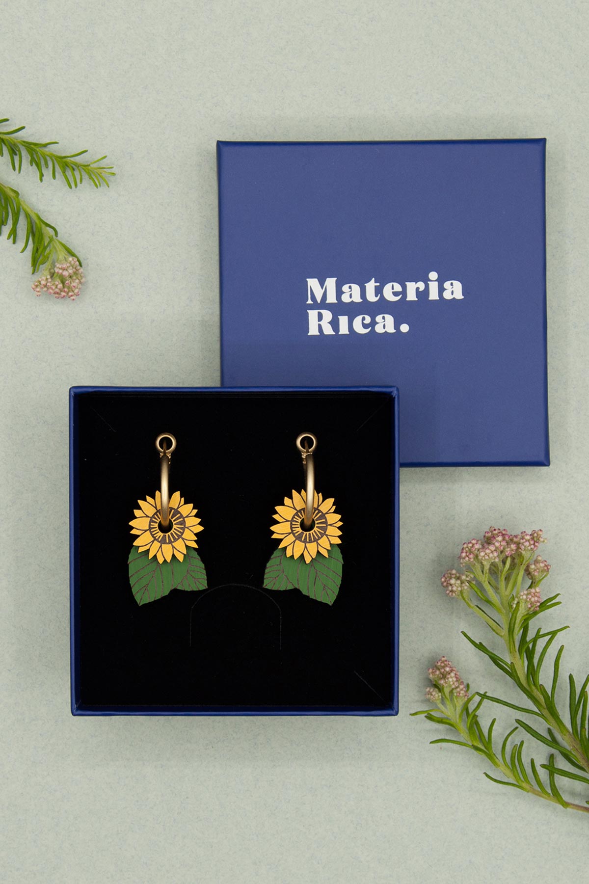 Materia Rica Drop Hoop Wooden Earrings Hand-Painted Sunflower Field