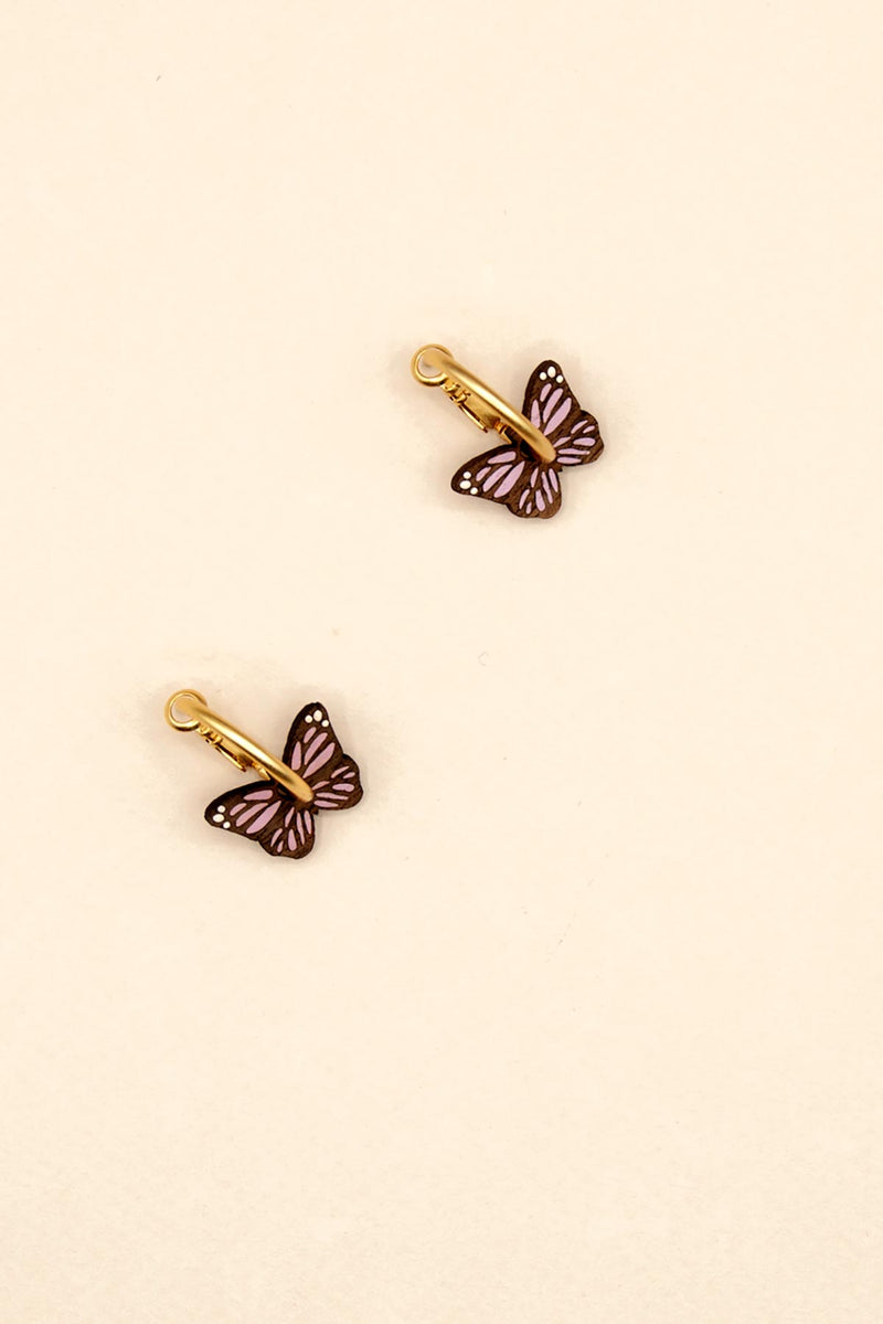 Materia Rica Drop Hoop Wooden Earrings Hand-Painted Violet Butterflies