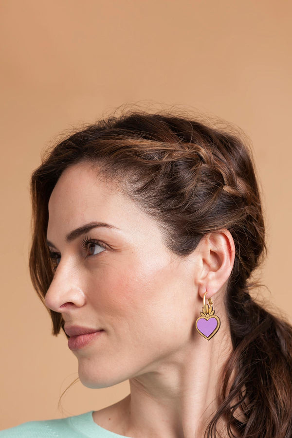 Materia Rica Drop Hoop Wooden Earrings Hand-Painted Violet Corazones 