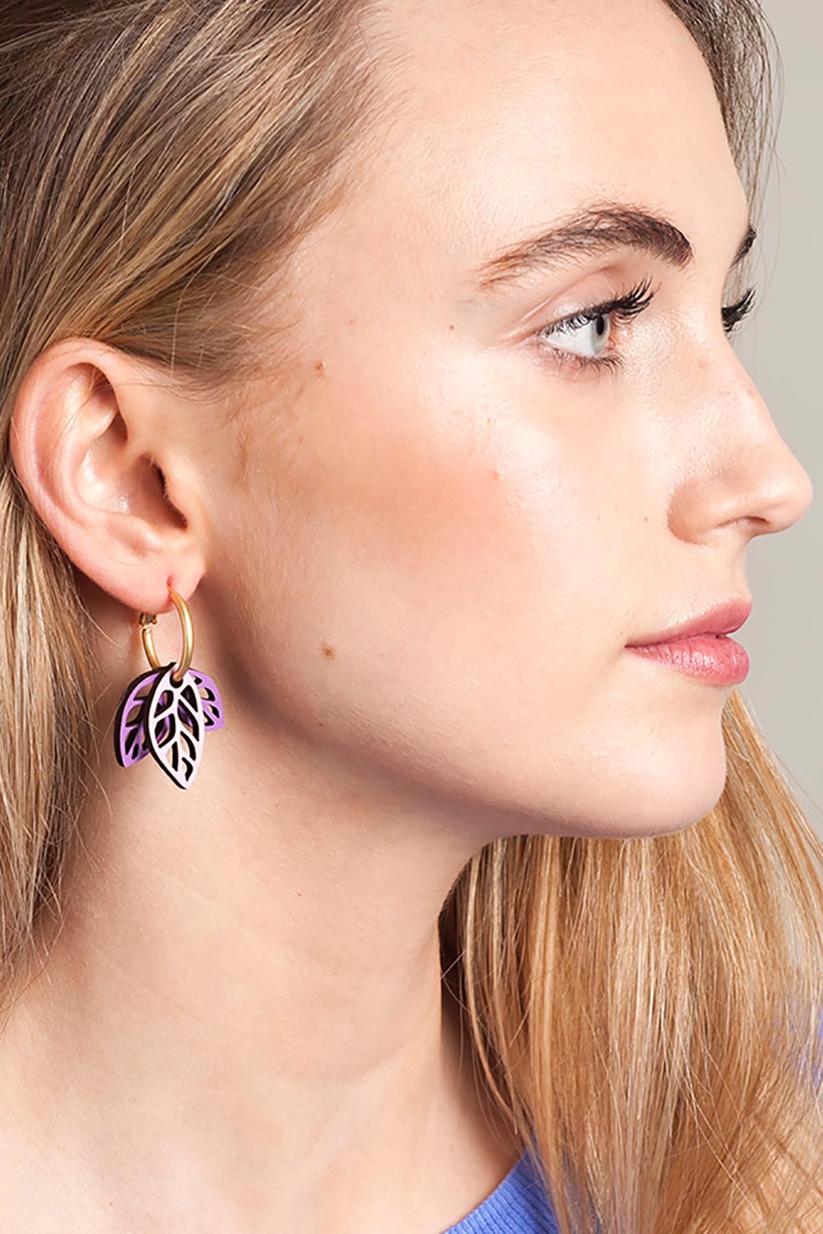 Materia Rica Rustling Leaves Drop Hoop Wooden Earrings In Violet