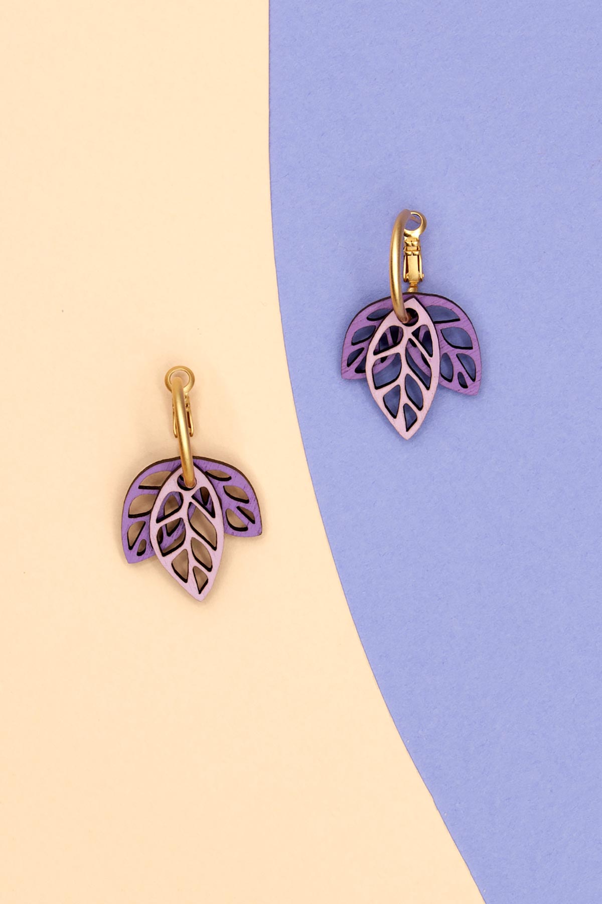 Materia Rica Rustling Leaves Drop Hoop Wooden Earrings In Violet