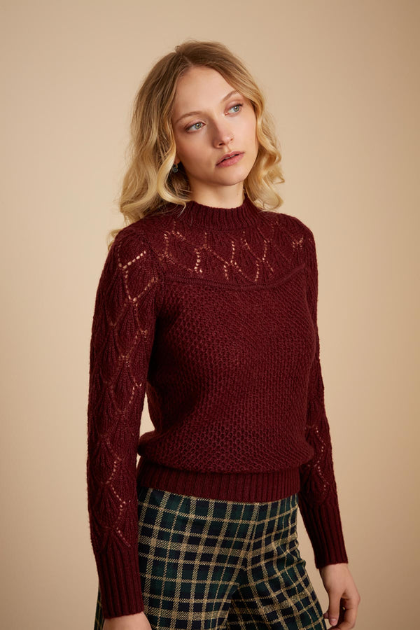 Round Neck Ajour knit Knitted Sweater With Ribbed Hems | Windsor Red