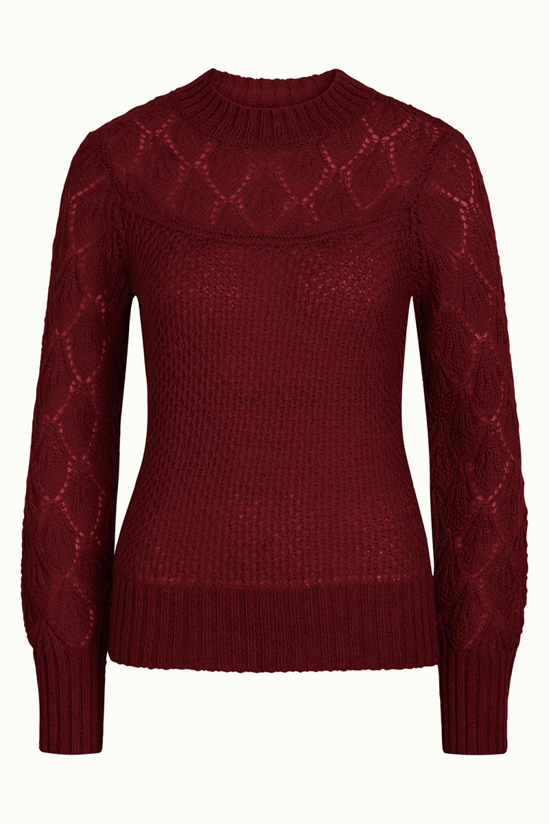 Round Neck Ajour knit Knitted Sweater With Ribbed Hems | Windsor Red