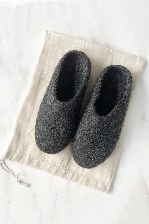 Aura Que Mita Handmade Eco Felt Mule Slippers Suede Sole In Dark Grey