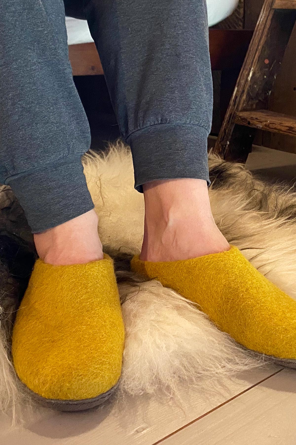 Aura Que Mita Handmade Eco Felt Mule Slippers Suede Sole In Yellow