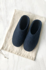 Aura Que Mita Handmade Eco Felt Mule Slippers Suede Sole In Navy Blue