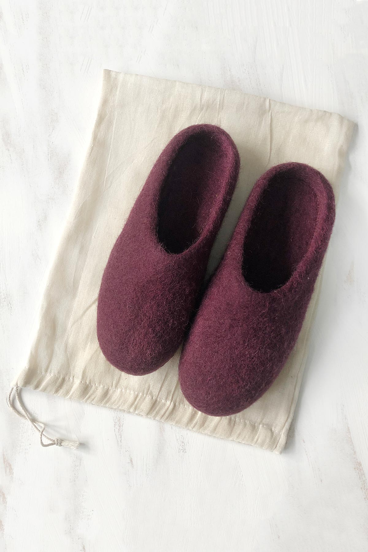 Aura Que Mita Handmade Eco Felt Mule Slippers Suede Sole In Plum Purple