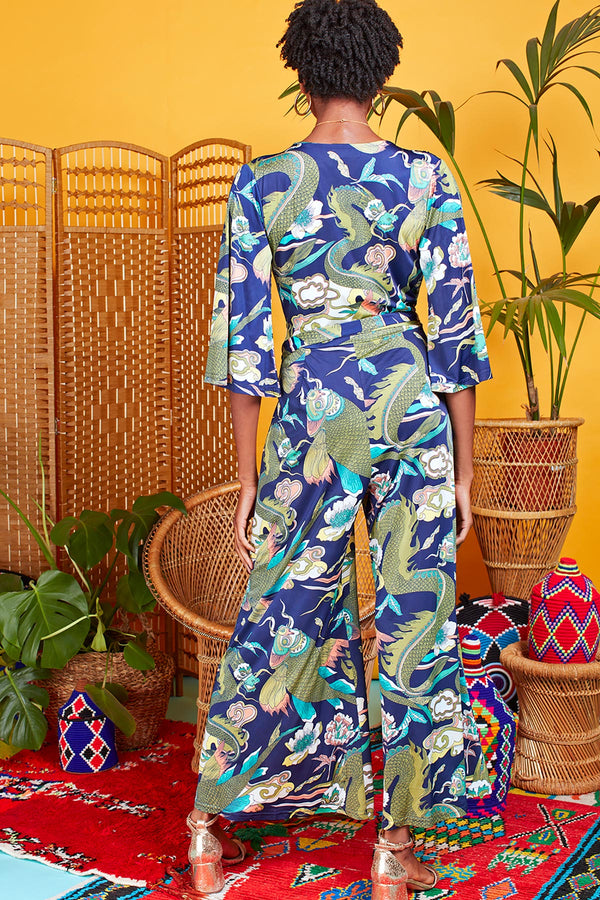 Midi-length Jumpsuit with belt and V-Neck | Dragon Khaki