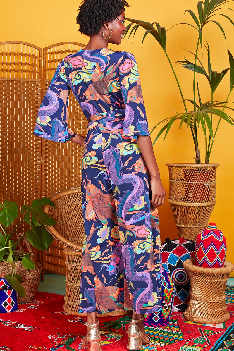 Midi-length Jumpsuit with belt and V-Neck | Dragon Neon