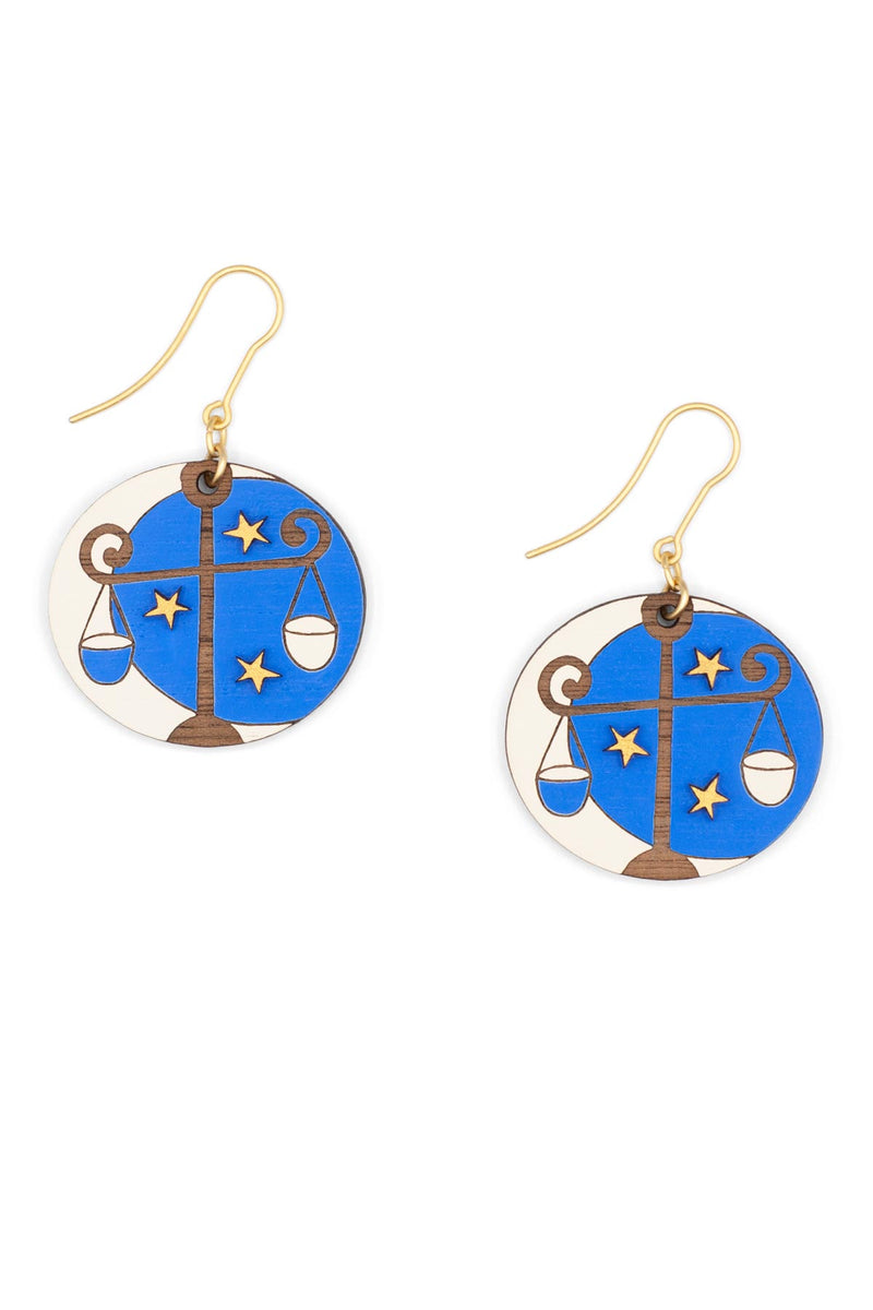 Blue Zodiac Libra Drop Hook Wooden Earrings Materia Rica