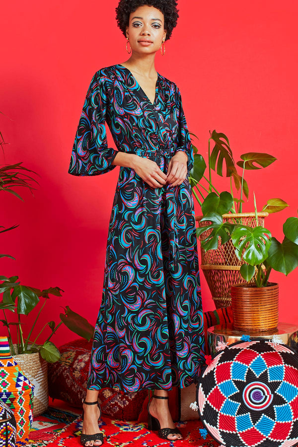 Luna Print V-Neck Belted Jumpsuit | Women's Jumpsuit