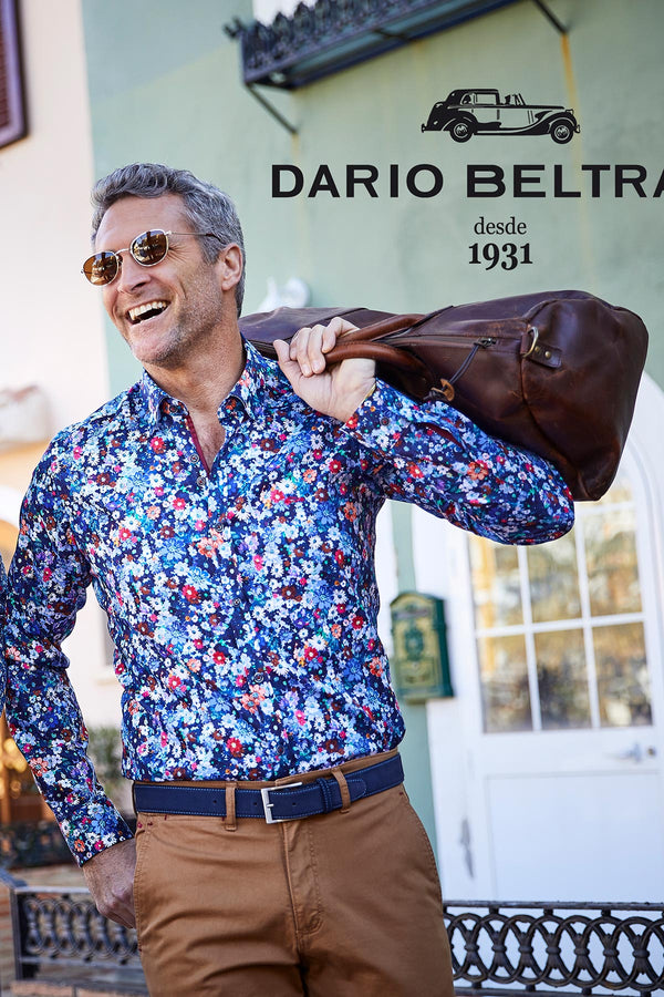 Dario Beltran Midnight Florals Long Sleeve Cotton Shirt In Navy