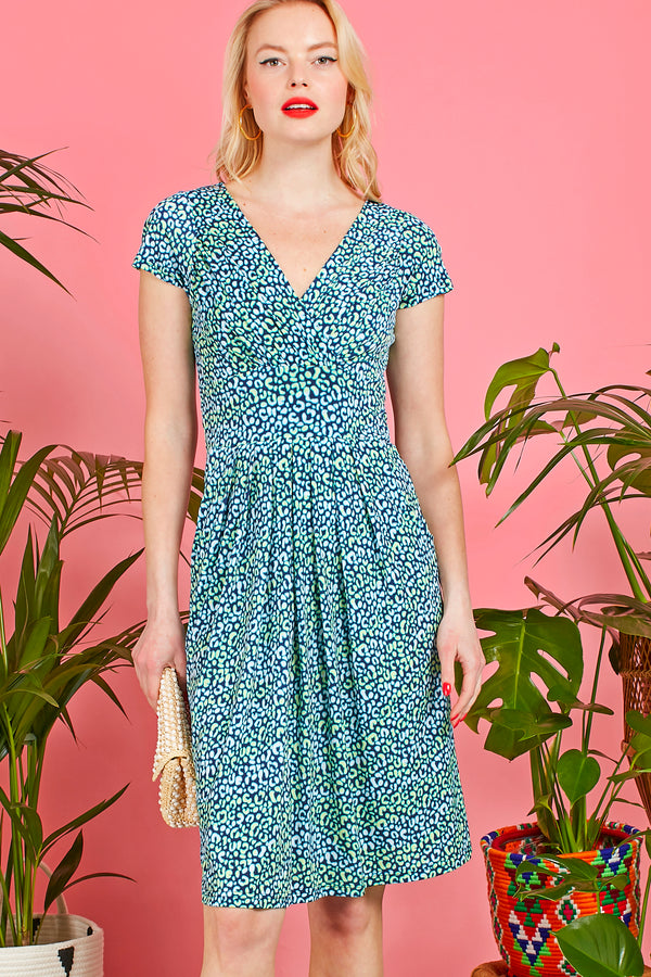 Neon & Navy Leopard Print Knee-length Dress