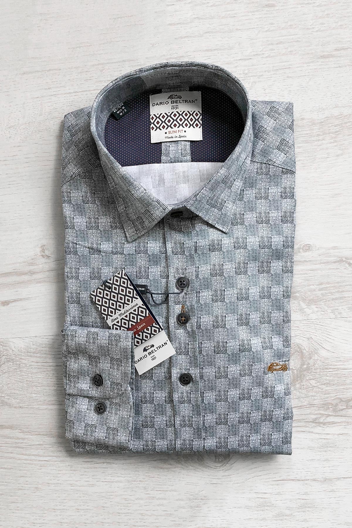 Dario Beltran Square Weave Print Long Sleeve Cotton Shirt In Light Grey